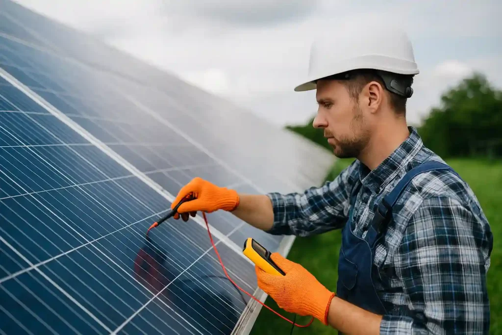 Solar technician inspecting solar panels during after sales service with testing tools