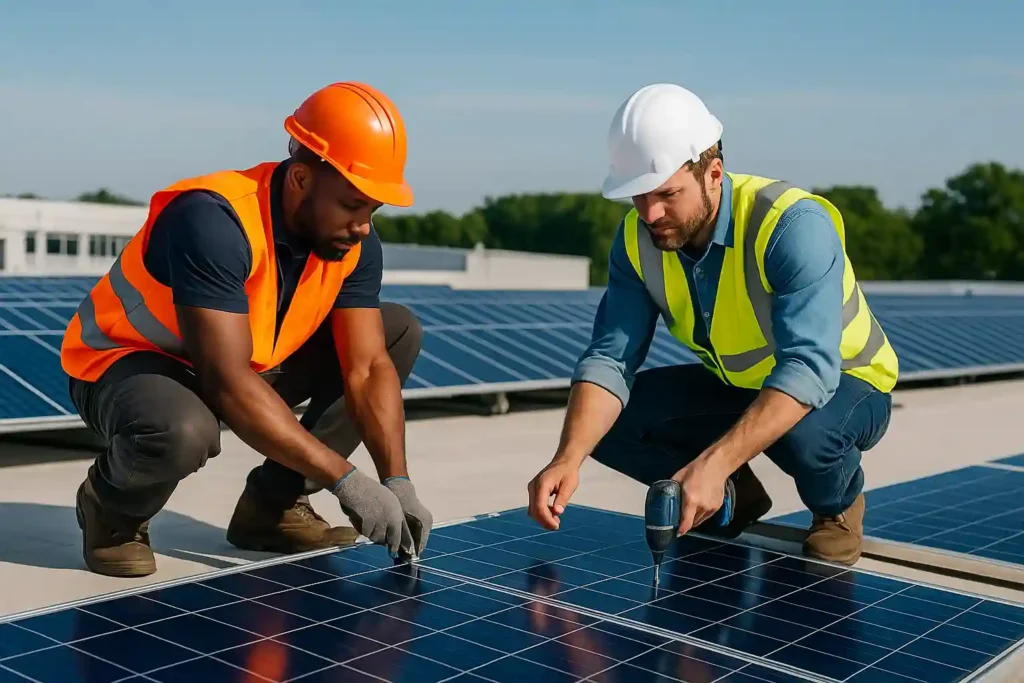 Technicians installing solar panels on a residential rooftop using tools and safety gear