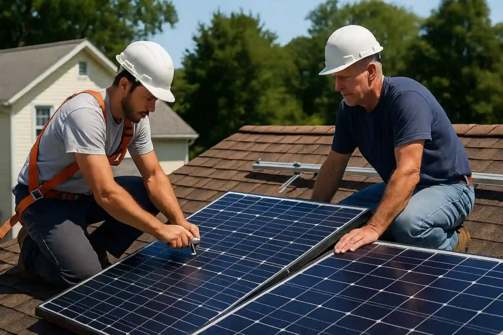 Technicians installing solar panels on a residential rooftop during a professional solar installation