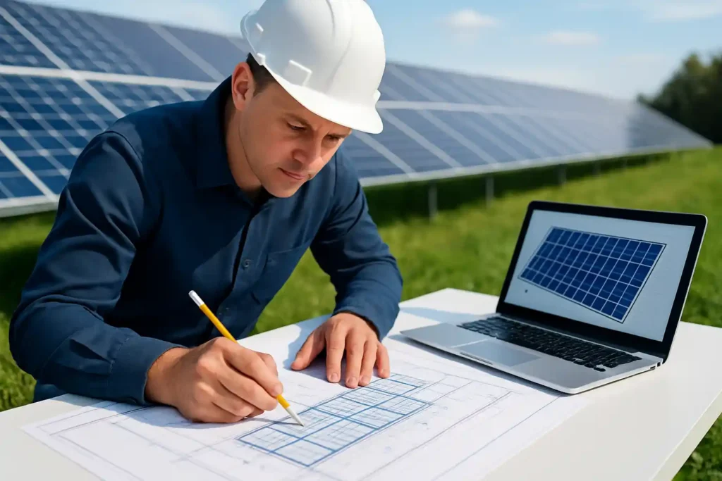 Solar panel designing service with engineer analyzing panel layout on site
